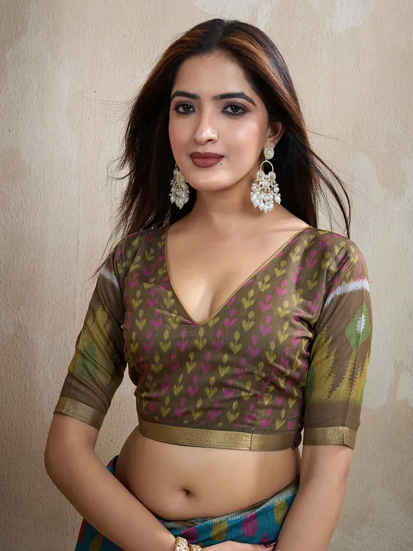 Teal_Blue_&_Olive_Green_Ikat_Printed_Chanderi_Saree_For_Women