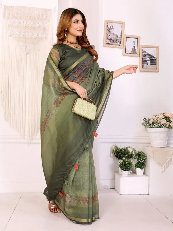 Olive_Green_Chanderi_Saree_With_Woven_Design_For_Women