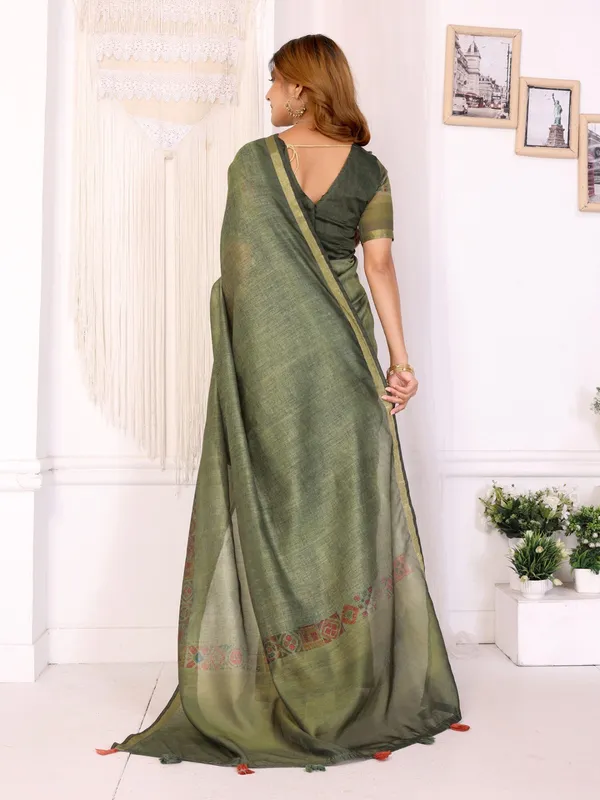 Olive_Green_Chanderi_Saree_With_Woven_Design_For_Women