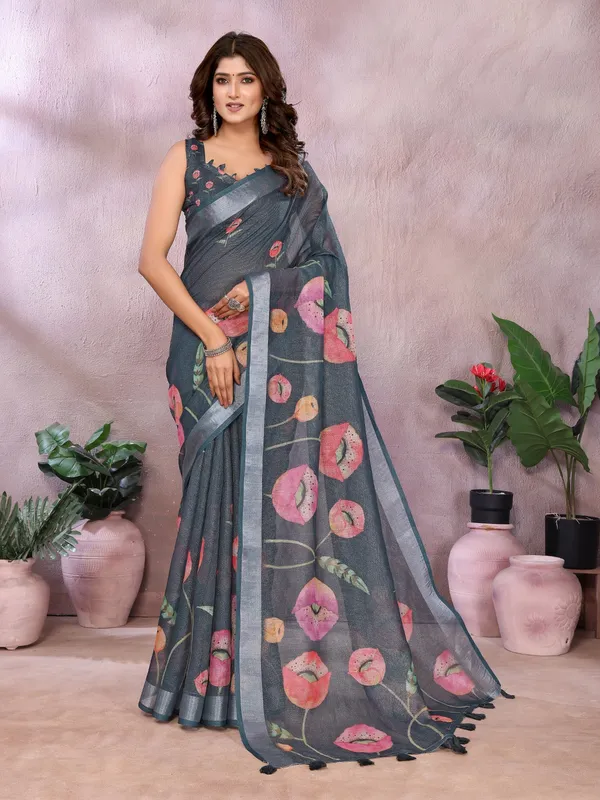 Grey_Floral_Linen_Shimmer_Saree_For_Women