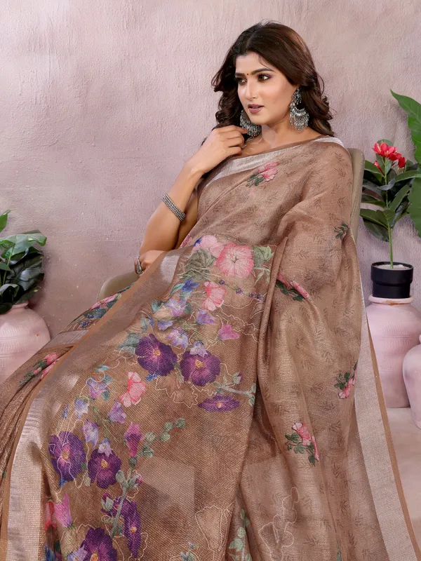 Coffee_Brown_Floral_Linen_Shimmer_Saree_For_Women