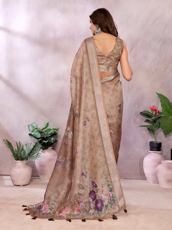 Coffee_Brown_Floral_Linen_Shimmer_Saree_For_Women