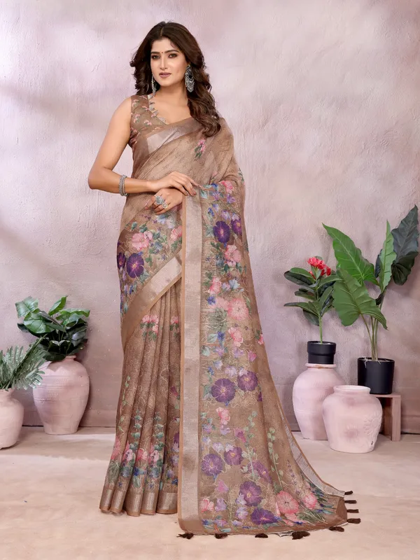 Coffee_Brown_Floral_Linen_Shimmer_Saree_For_Women