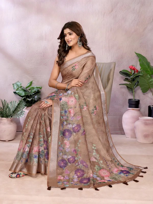 Coffee_Brown_Floral_Linen_Shimmer_Saree_For_Women