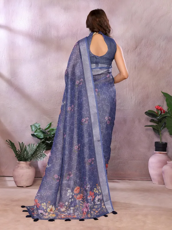 Navy_Blue_Floral_Linen_Shimmer_Saree_For_Women