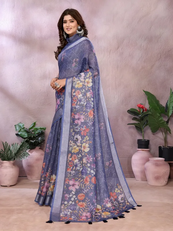Navy_Blue_Floral_Linen_Shimmer_Saree_For_Women