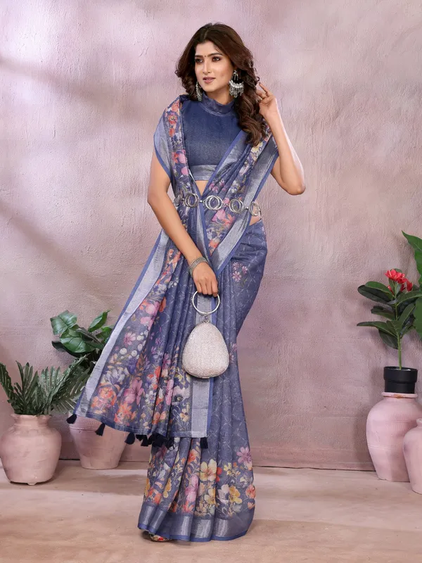 Navy_Blue_Floral_Linen_Shimmer_Saree_For_Women