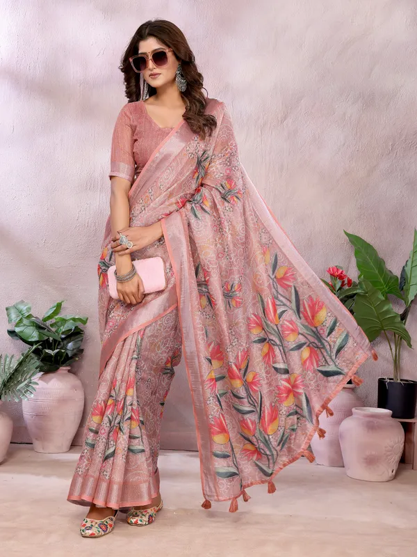 Peach_Floral_Print_Linen_Shimmer_Saree_For_Women