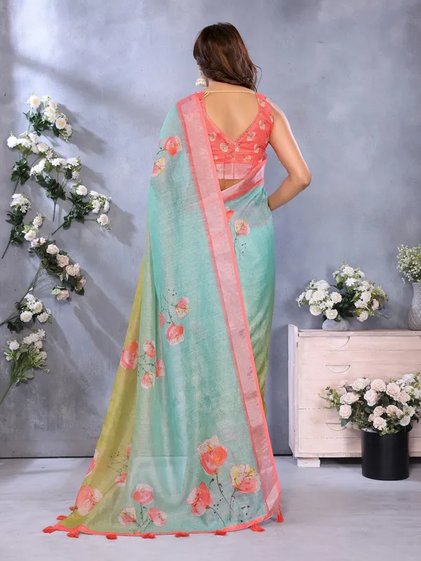 Green_&_Aqua_Floral_Print_Linen_Shimmer_Saree_For_Women