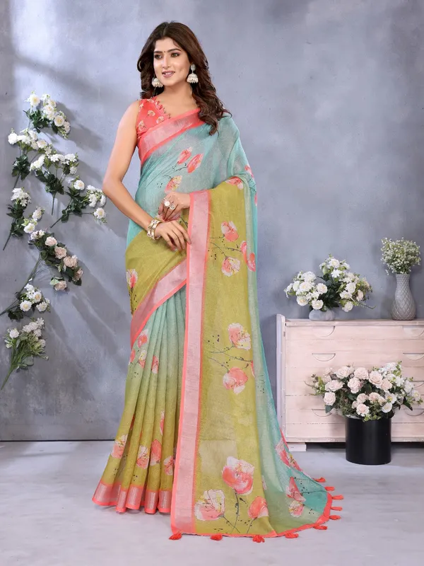 Green_&_Aqua_Floral_Print_Linen_Shimmer_Saree_For_Women