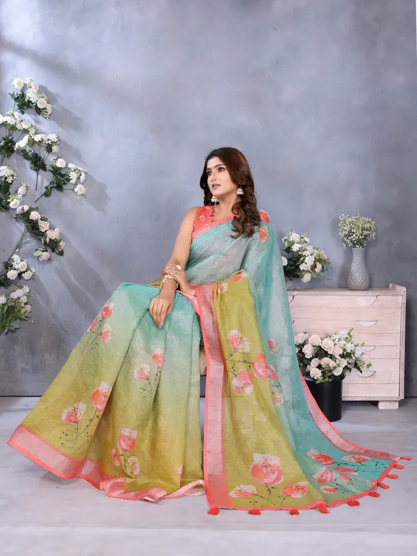 Green_&_Aqua_Floral_Print_Linen_Shimmer_Saree_For_Women