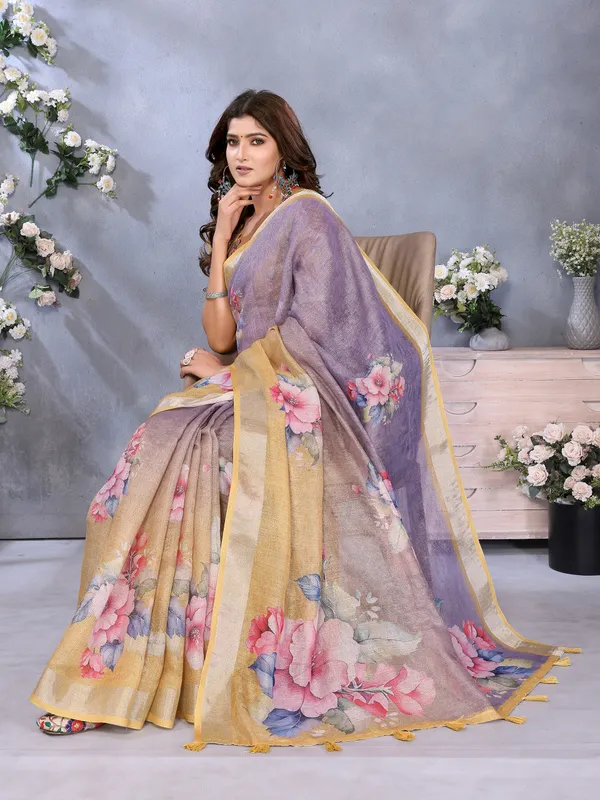 Yellow_&_Lavender_Floral_Print_Linen_Shimmer_Saree_For_Women