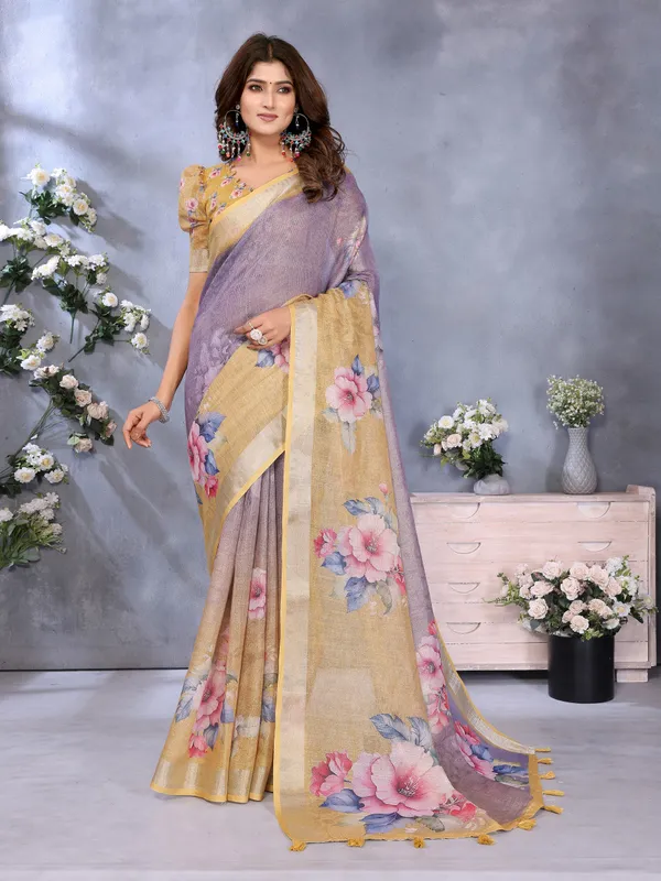 Yellow_&_Lavender_Floral_Print_Linen_Shimmer_Saree_For_Women