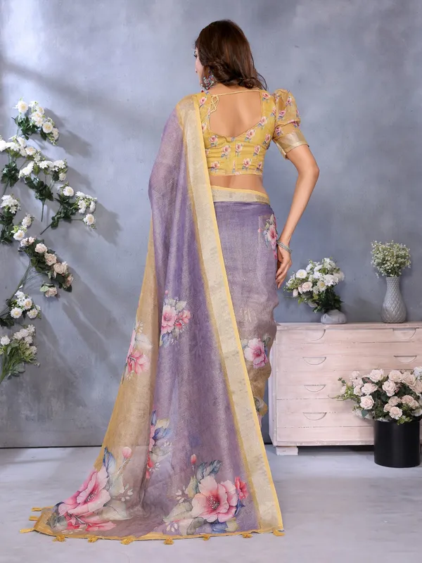 Yellow_&_Lavender_Floral_Print_Linen_Shimmer_Saree_For_Women