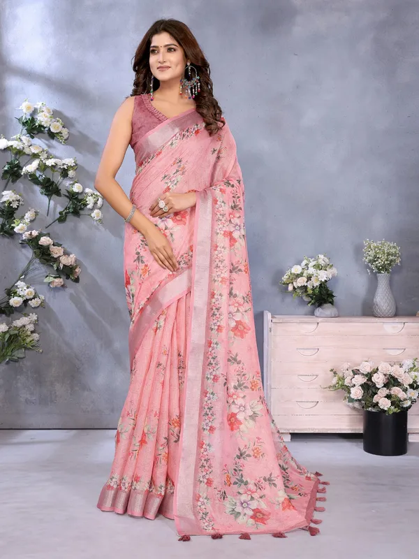 Pink_Floral_Print_Linen_Shimmer_Saree_For_Women