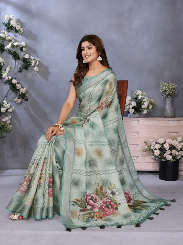 Mint_Green_Floral_Printed_Saree_For_Women