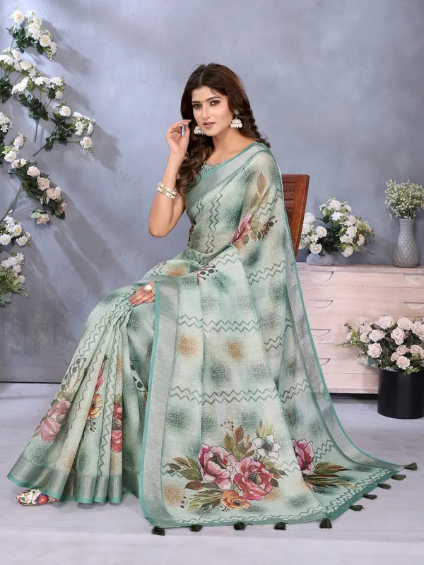Mint_Green_Floral_Printed_Saree_For_Women