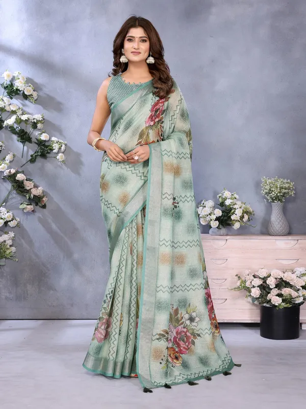Mint_Green_Floral_Printed_Saree_For_Women