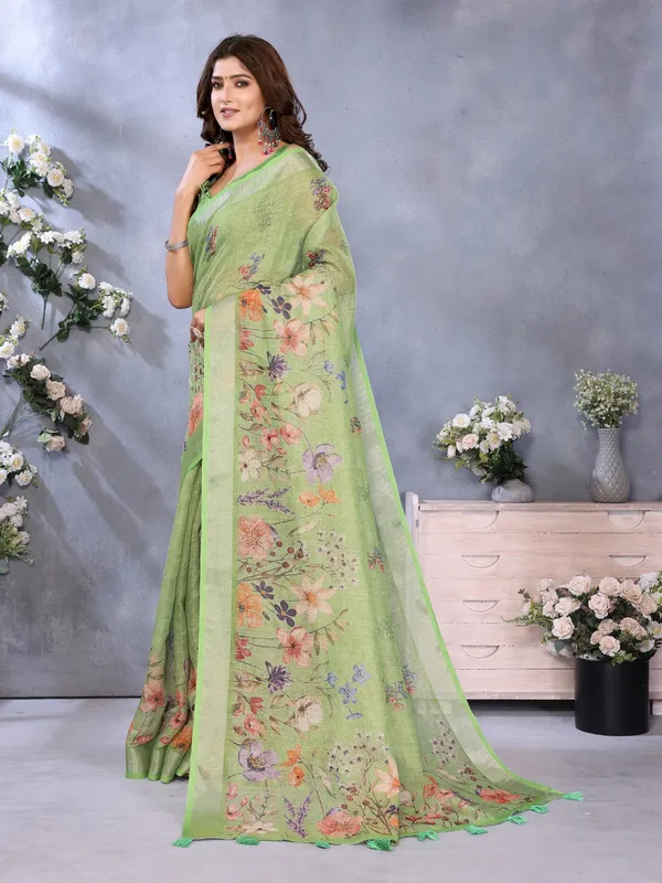 Lime_Green_Floral_Printed_Saree_For_Women