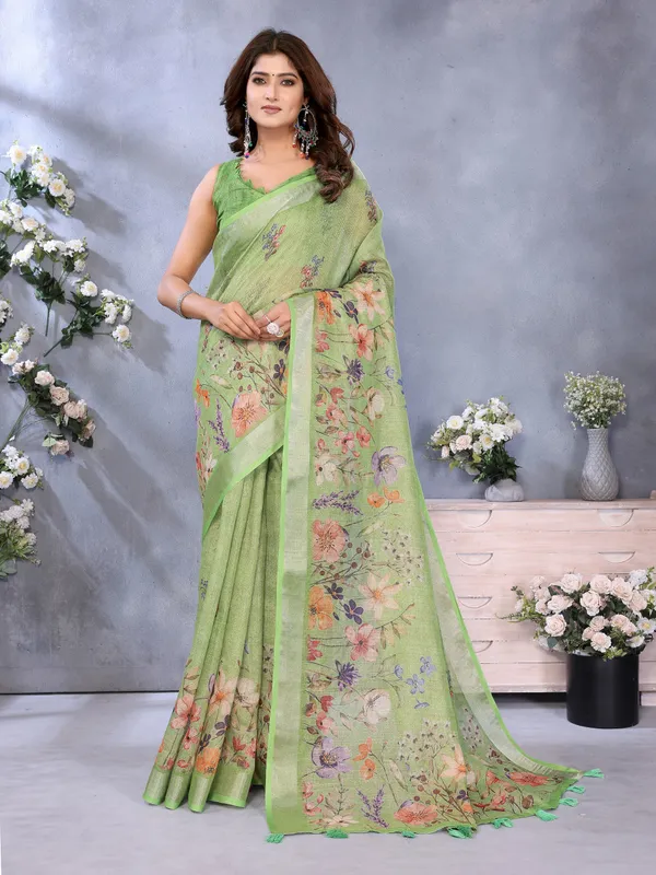 Lime_Green_Floral_Printed_Saree_For_Women