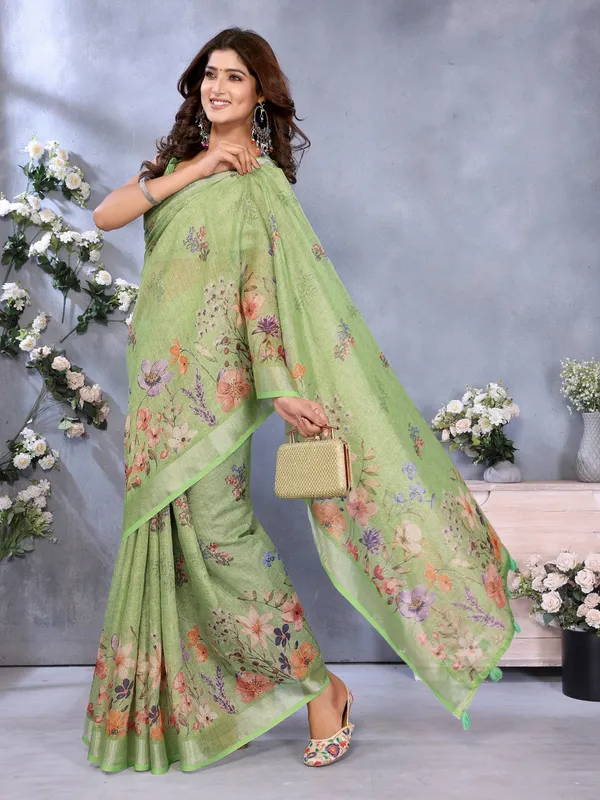 Lime_Green_Floral_Printed_Saree_For_Women