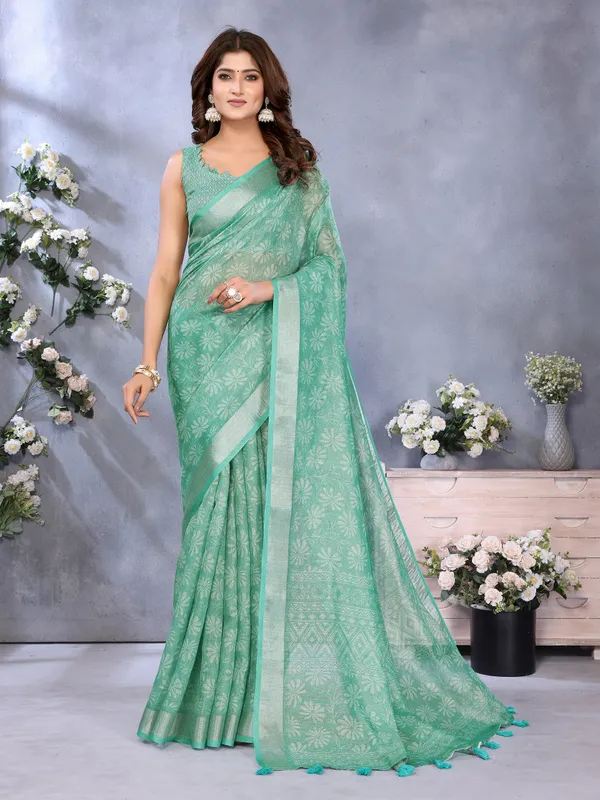 Sea_Green_Woven_Pattern_Saree_For_Women