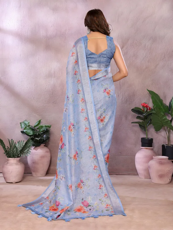 Sky_Blue_Floral_Printed_Saree_For_Women