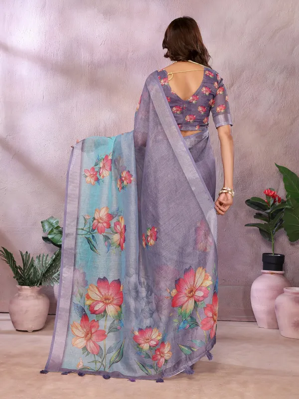 Aqua_Blue_Floral_Printed_Saree_For_Women