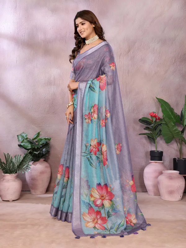 Aqua_Blue_Floral_Printed_Saree_For_Women