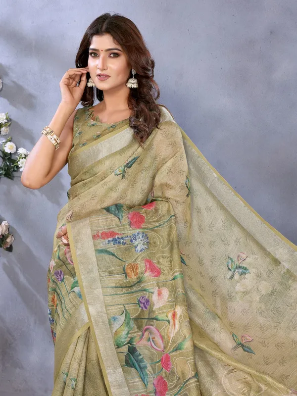 Olive_Green_Floral_Printed_Saree_For_Women