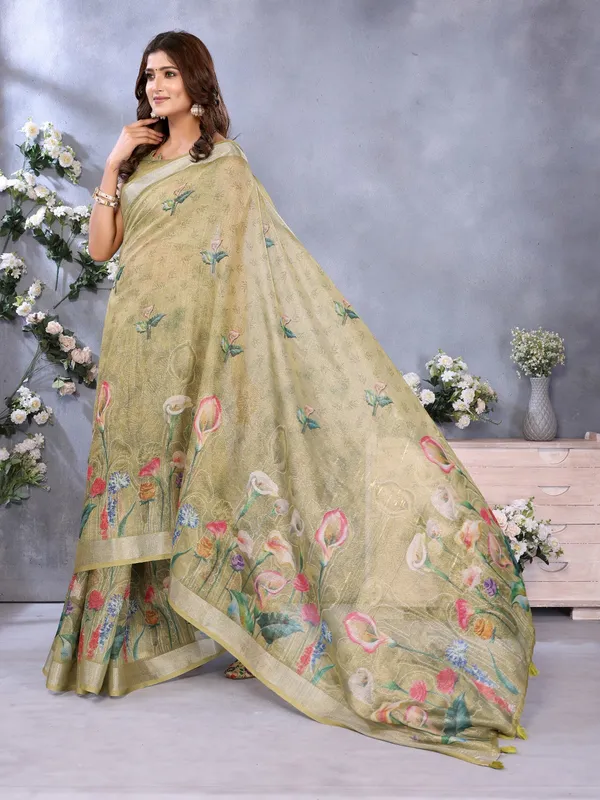 Olive_Green_Floral_Printed_Saree_For_Women