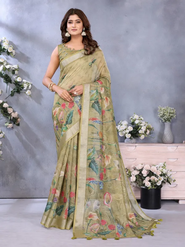 Olive_Green_Floral_Printed_Saree_For_Women