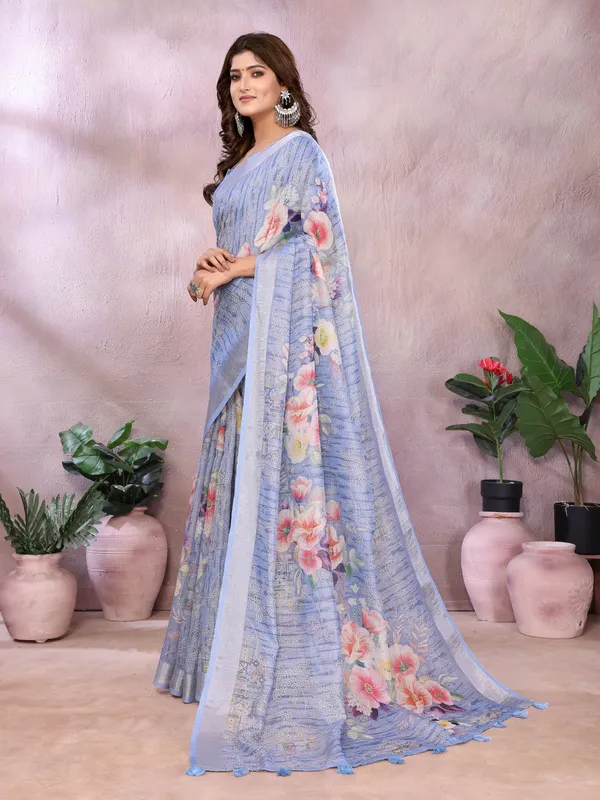 Sky_Blue_Floral_Printed_Saree_For_Women