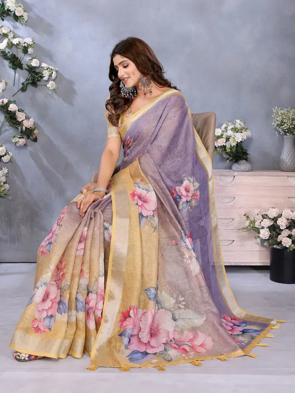 Lavender_Yellow_Floral_Printed_Saree_For_Women