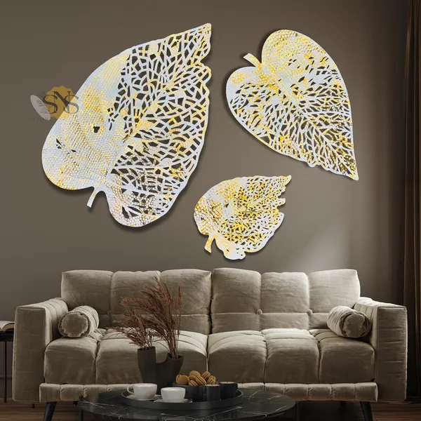White_&_Gold_Luxury_Metal_Abstract_Figures_Leaf_Wallart_Set_Of_3_Handcrafted_Wall_Sculpture_Wall_Art_Multicolor_For_Home_Decoration