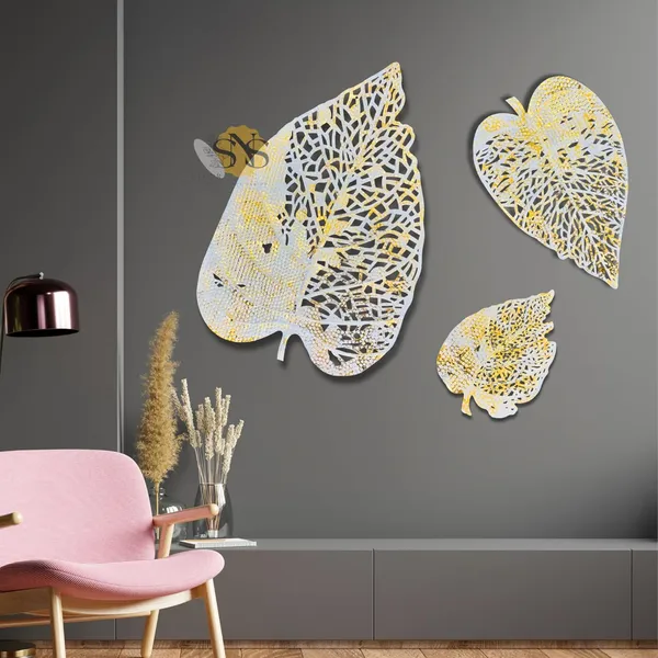 White_&_Gold_Luxury_Metal_Abstract_Figures_Leaf_Wallart_Set_Of_3_Handcrafted_Wall_Sculpture_Wall_Art_Multicolor_For_Home_Decoration