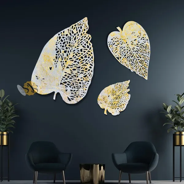 White_&_Gold_Luxury_Metal_Abstract_Figures_Leaf_Wallart_Set_Of_3_Handcrafted_Wall_Sculpture_Wall_Art_Multicolor_For_Home_Decoration