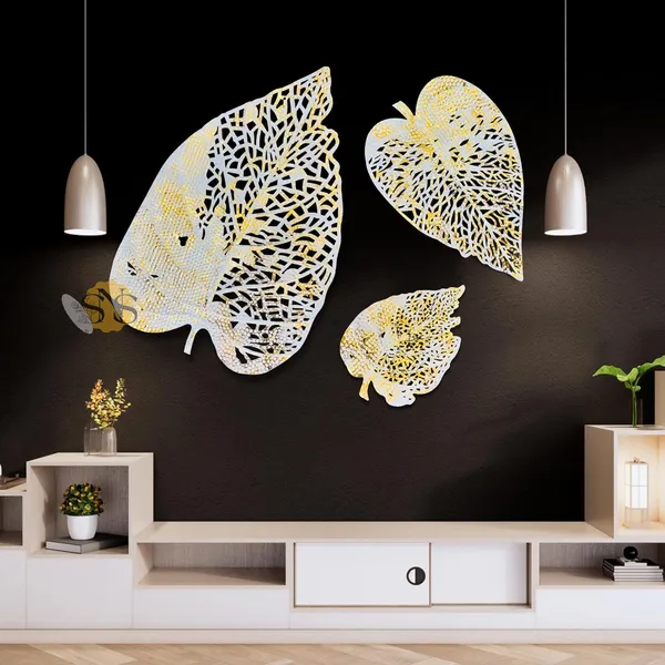 White_&_Gold_Luxury_Metal_Abstract_Figures_Leaf_Wallart_Set_Of_3_Handcrafted_Wall_Sculpture_Wall_Art_Multicolor_For_Home_Decoration