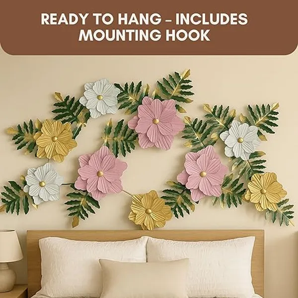 Multicolor_Metal_Wall_Art_3D_Floral_&_Leaf_Design,_Handcrafted_Iron_Wall_Hanging_For_Living_Room,_Bedroom_&_Office_Dacor_(Multi_Color_With_Pink_Flowers)