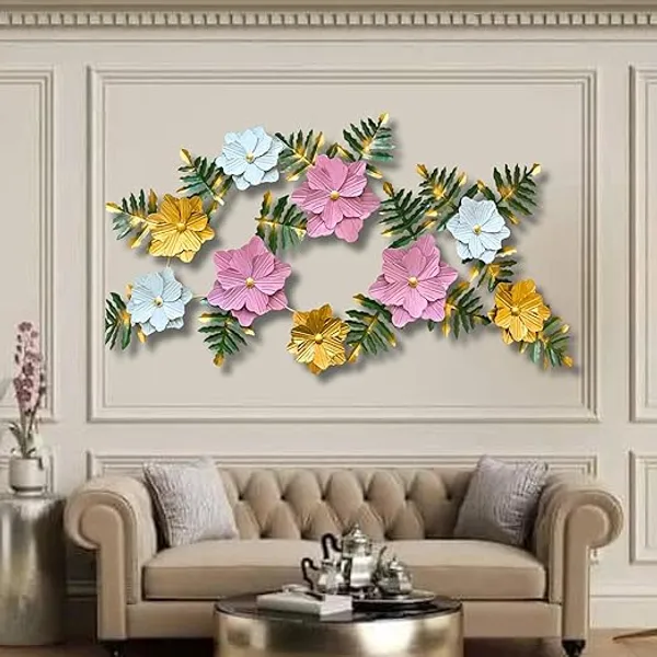 Multicolor_Metal_Wall_Art_3D_Floral_&_Leaf_Design,_Handcrafted_Iron_Wall_Hanging_For_Living_Room,_Bedroom_&_Office_Dacor_(Multi_Color_With_Pink_Flowers)