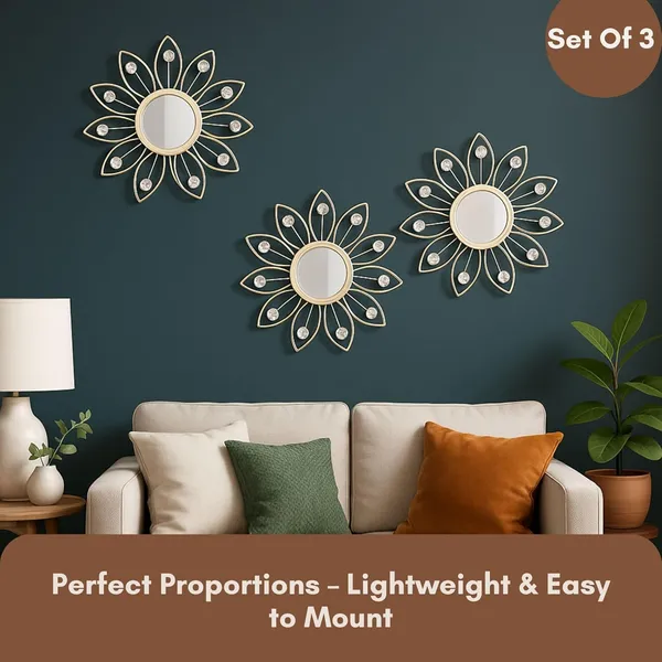 White_Metal_Sunflower_Mirror_Wall_Decor_With_Crystal_Accents_(Set_Of_3)_Mirror_Wall_Decor_For_Living_Room_|_Beautiful_Metal_Modern_Designer_|_Hanging_Mirror_Sculpture_(White)