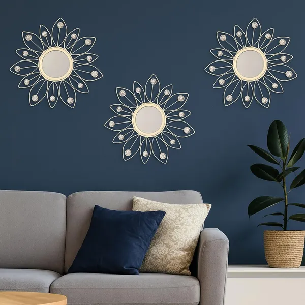 White_Metal_Sunflower_Mirror_Wall_Decor_With_Crystal_Accents_(Set_Of_3)_Mirror_Wall_Decor_For_Living_Room_|_Beautiful_Metal_Modern_Designer_|_Hanging_Mirror_Sculpture_(White)