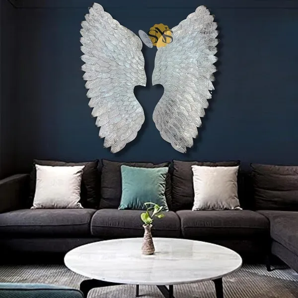 White_&_Silver_Modern_Metal_Sculpture_Angel_Wings_Set_Of_2_|_For_Selfie_Wall_Hanging_Art_|_Wall_Decor_For_Restaurant_|_Hotel_|_Home_|_Office_|_Living_Room_(Color:Silver_&_White,_Size:32X28Inch)