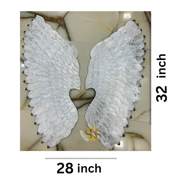 White_&_Silver_Modern_Metal_Sculpture_Angel_Wings_Set_Of_2_|_For_Selfie_Wall_Hanging_Art_|_Wall_Decor_For_Restaurant_|_Hotel_|_Home_|_Office_|_Living_Room_(Color:Silver_&_White,_Size:32X28Inch)