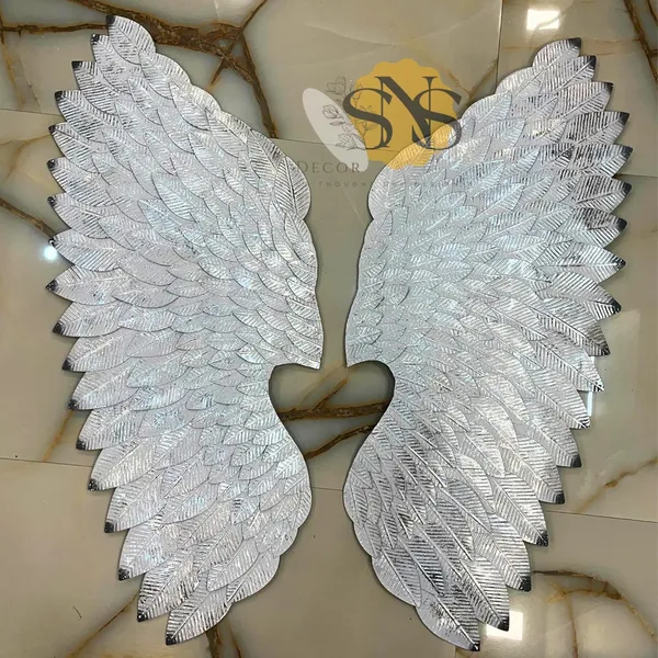 White_&_Silver_Modern_Metal_Sculpture_Angel_Wings_Set_Of_2_|_For_Selfie_Wall_Hanging_Art_|_Wall_Decor_For_Restaurant_|_Hotel_|_Home_|_Office_|_Living_Room_(Color:Silver_&_White,_Size:32X28Inch)