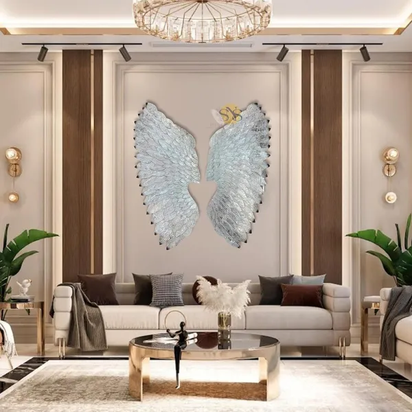 White_&_Silver_Modern_Metal_Sculpture_Angel_Wings_Set_Of_2_|_For_Selfie_Wall_Hanging_Art_|_Wall_Decor_For_Restaurant_|_Hotel_|_Home_|_Office_|_Living_Room_(Color:Silver_&_White,_Size:32X28Inch)