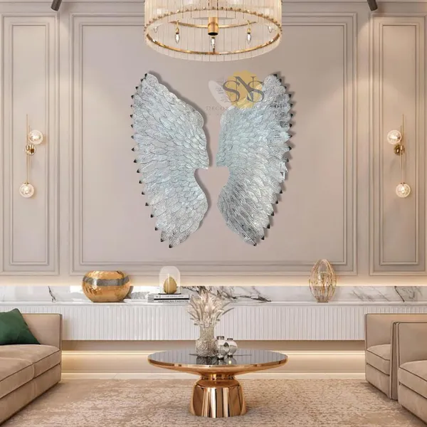White_&_Silver_Modern_Metal_Sculpture_Angel_Wings_Set_Of_2_|_For_Selfie_Wall_Hanging_Art_|_Wall_Decor_For_Restaurant_|_Hotel_|_Home_|_Office_|_Living_Room_(Color:Silver_&_White,_Size:32X28Inch)