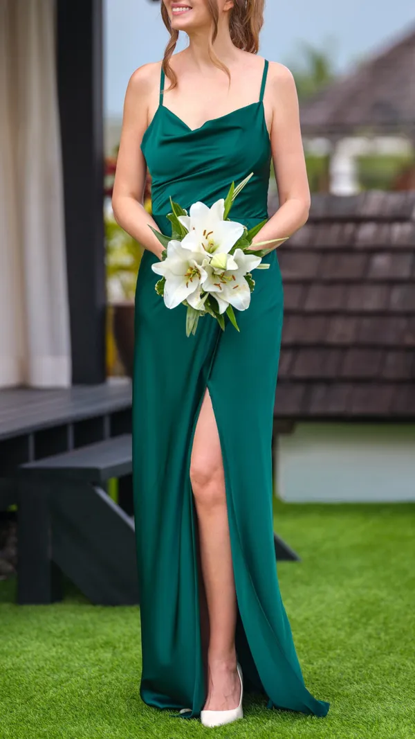 Satin_dress_in_dark_green_slip_slit_dress