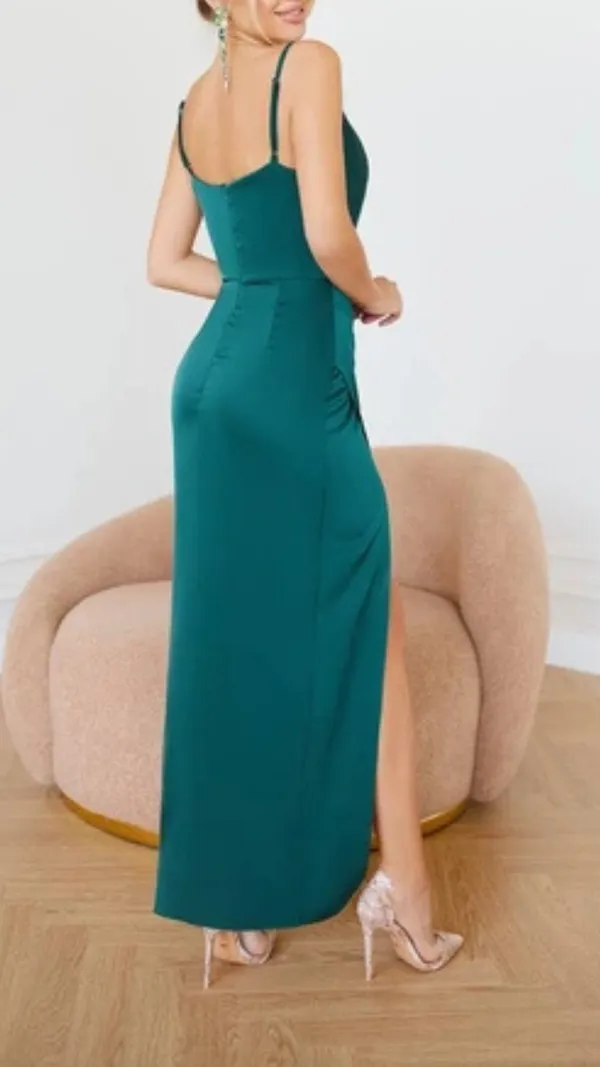Satin_dress_in_dark_green_slip_slit_dress