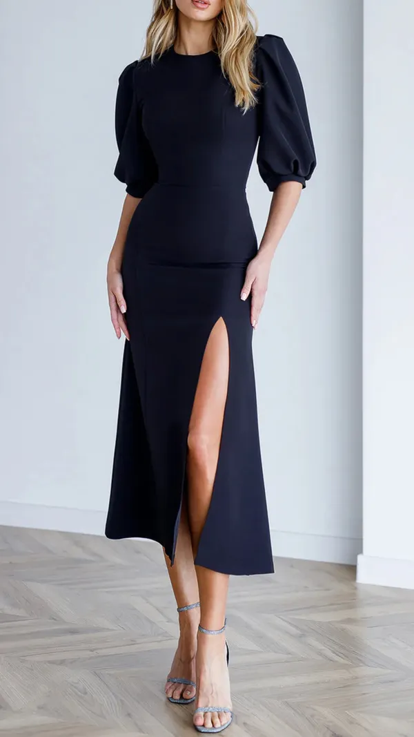 Black_Puff-Sleeve_Midi_Dress